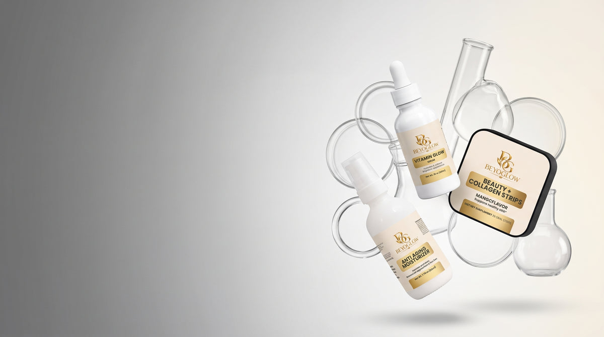 BEYOGLOW skincare on a bathroom shelf in warm daylight